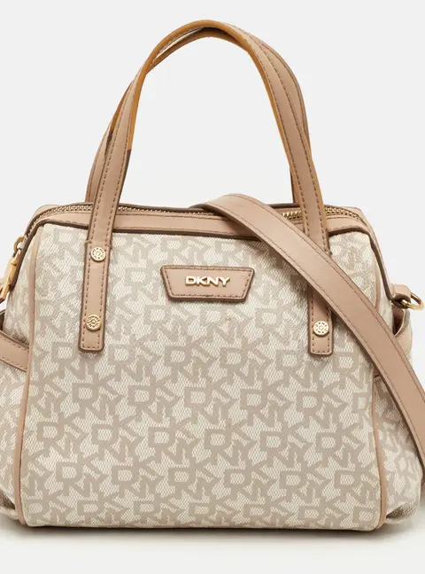 DKNY Beige/White Signature Coated Canvas and Leather Top Zip Satchel