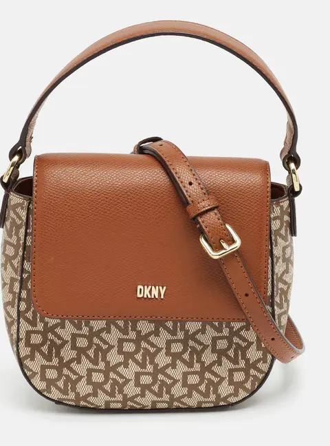 DKNY Immy Brown Mongram Coated Canvas and Leather Crossbody Bag