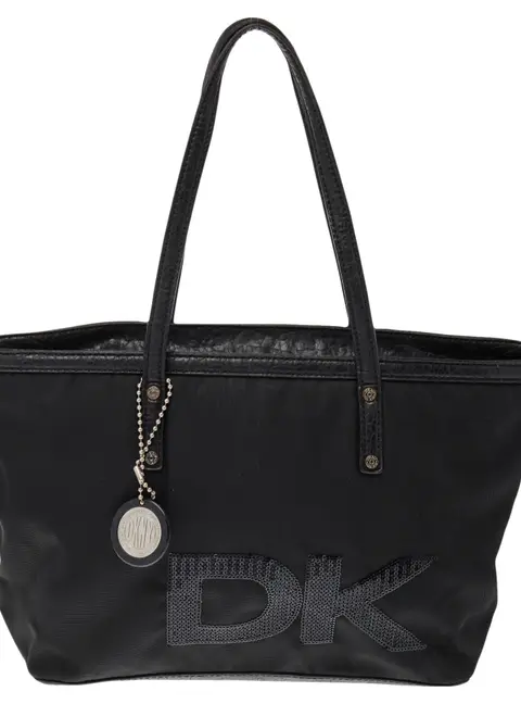 DKNY Black Nylon and Leather Sequin Logo Tote