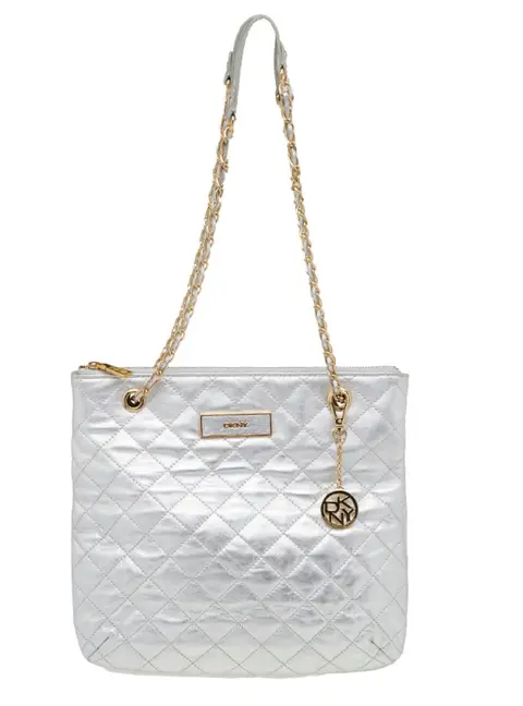 DKNY Silver Quilted Leather Shoulder Bag