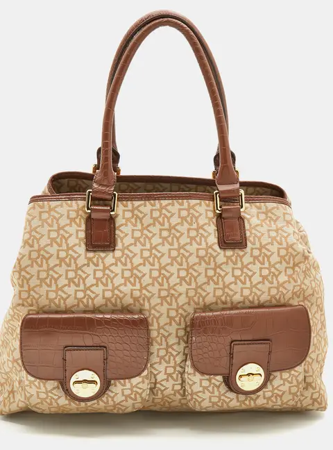DKNY Beige/Brown Monogram Canvas and Croc Embossed Leather Turnlock Pocket Bag