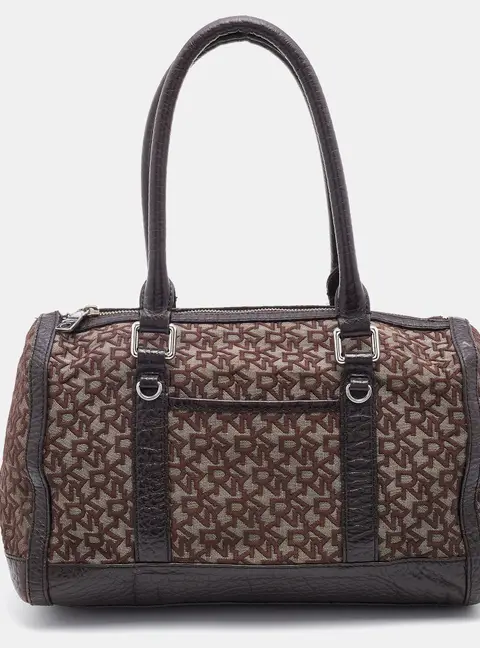 DKNY Dark Brown Signature Canvas and Leather Satchel