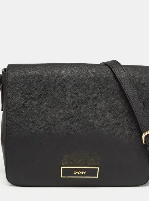 DKNY Black Leather Logo Flap Shoulder Bag