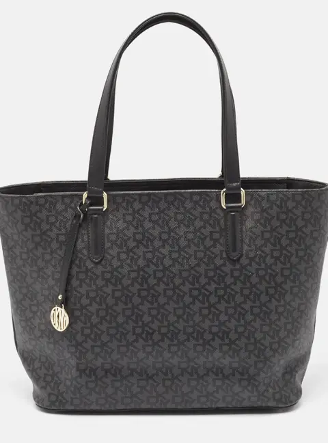 Dkny Black Monogram Coated Canvas and Leather Top Zip Tote