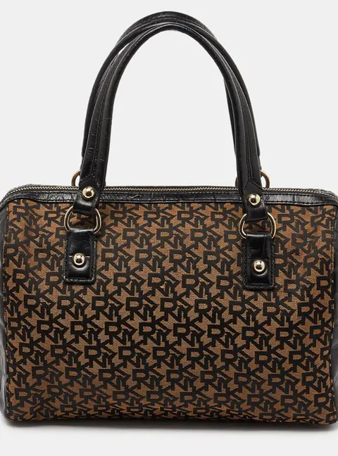 DKNY Brown/Black Signature Canvas and Croc Embossed Leather Satchel