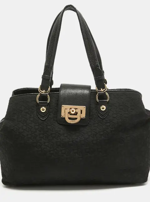 Dkny Black Monogram Canvas and Leather Flap Tote