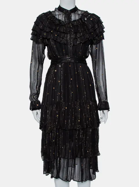 Dodo Bar Or Black Lurex Chiffon Ruffle Detail Tiered Belted Midi Dress M