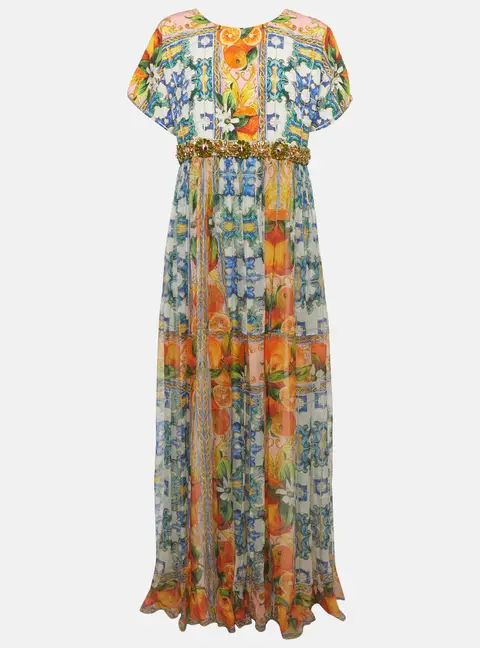 Dolce and Gabbana Multicolour Majolica Print Silk Embellished Maxi Dress L