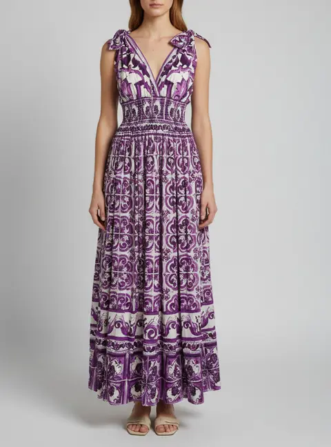 Dolce & Gabbana Purple Majolica Print Poplin Shirring Maxi Dress M