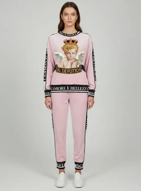 Dolce & Gabbana Pink Stripe Detail Velvet DG Devotion Track Suit S/L