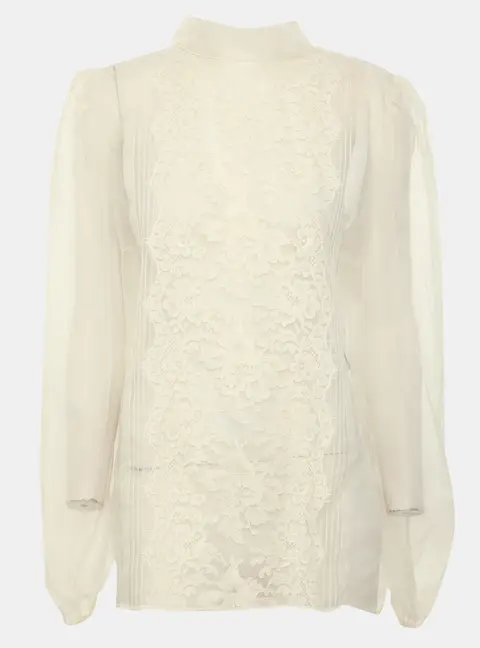 Dolce & Gabbana White Tulle and Lace Long Sleeve Tops L