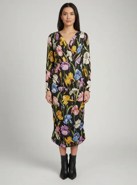 Dolce & Gabbana Black Floral Print Silk Ruched Dress XXXL