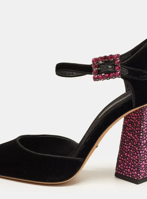 Dolce & Gabbana Size 37 Black Velvet Crystal Block Heel Mary Jane Pumps