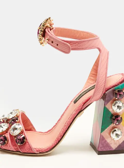 Dolce & Gabbana Size 35 Pink Lizard Embossed Leather and Raffia Ankle Strap Sandals