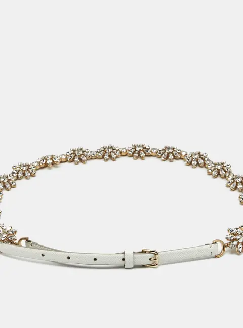 Dolce & Gabbana Floral Crystal Embellished Slim Buckle Belt White Leather