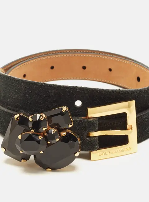 Dolce & Gabbana Crystal Embellished 70 CM Buckle Belt Black Suede