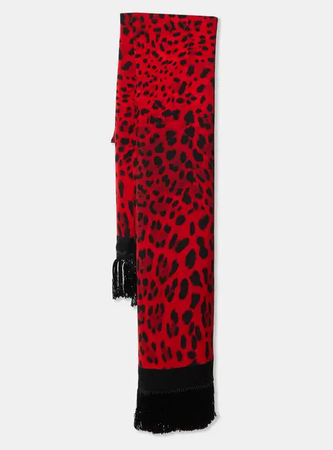 Dolce & Gabbana Red Leopard Print Satin Fringed Scarf