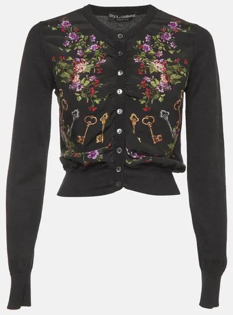 Dolce & Gabbana Grey Floral Print Silk and Knit Crop Cardigan M