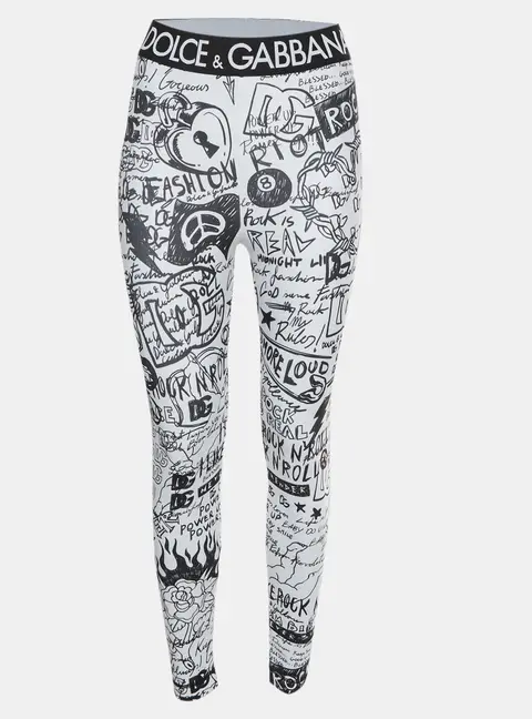 Dolce & Gabbana White Graffiti Print Technical Jersey Leggings M