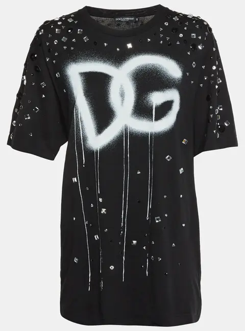 Dolce & Gabbana Black Logo Spray Painted Jersey Embellished T-Shirt M