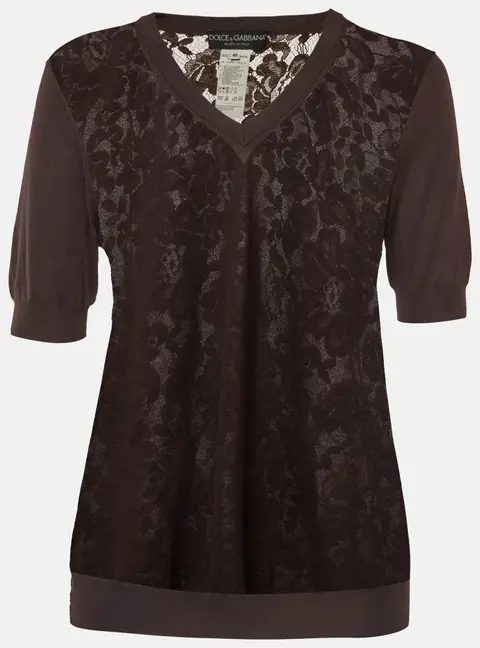 Dolce & Gabbana Brown Jersey and Lace Sheer Back Top L