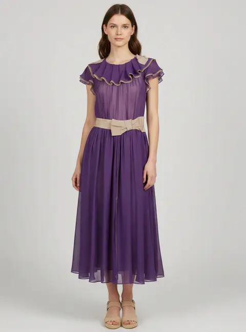 Dolce & Gabbana Purple/Beige Chiffon Flared Midi Dress M