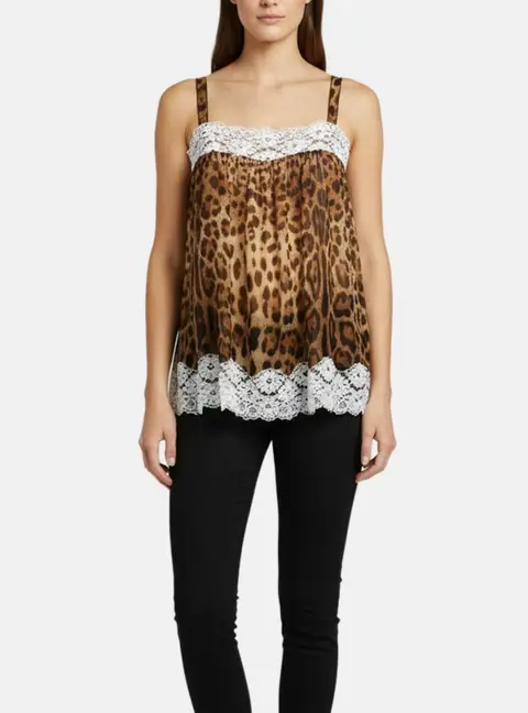 Dolce & Gabbana Brown Leopard Print Silk Blend Sheer Camisole M