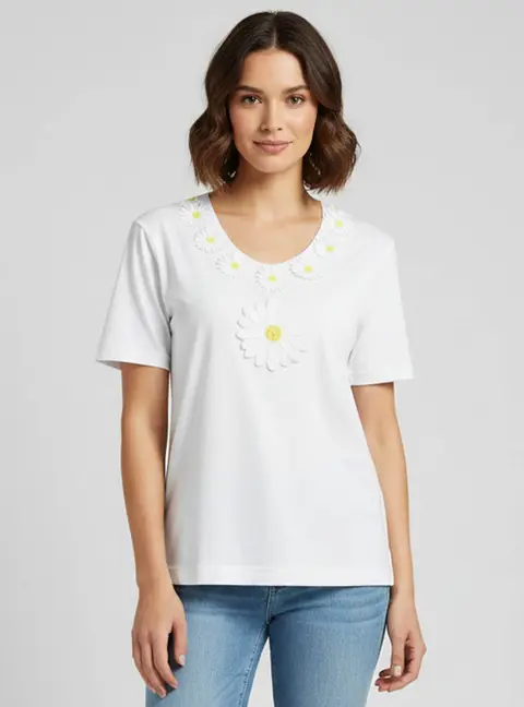 Dolce & Gabbana Off White Daisy Embellished Cotton Crewneck T-shirt M