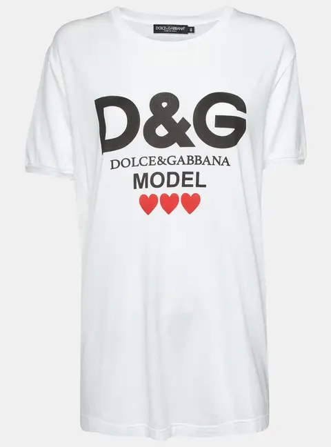Dolce & Gabbana White Heart and Logo Print Jersey Crewneck T-Shirt L