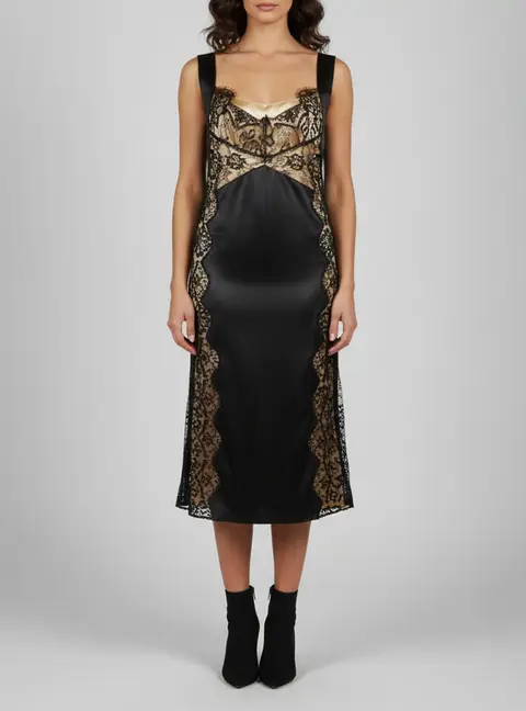 Dolce & Gabbana Black Satin And Lace Strappy Midi Dress L