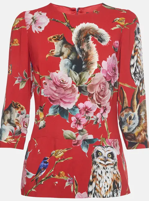 Dolce & Gabbana Red Enchanted Forest Print Crepe Long Sleeve Top S
