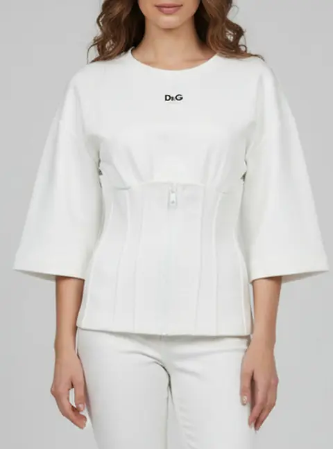 Dolce & Gabbana White Jersey Bustier Zip Up Crew Neck T-Shirt S
