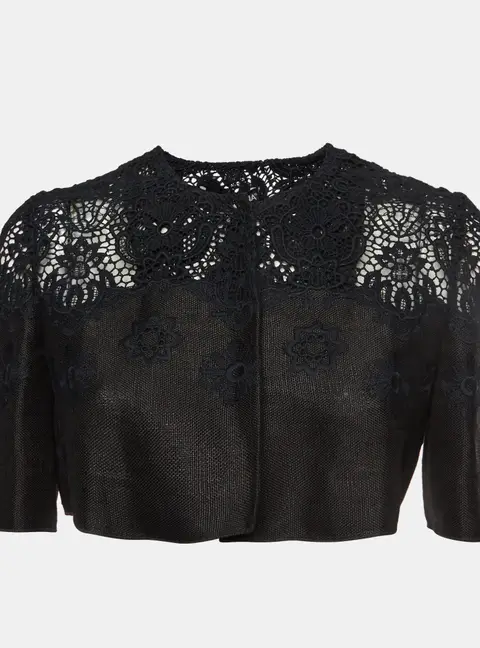 Dolce & Gabbana Black Linen Blend Lace Detail Cropped Jacket M