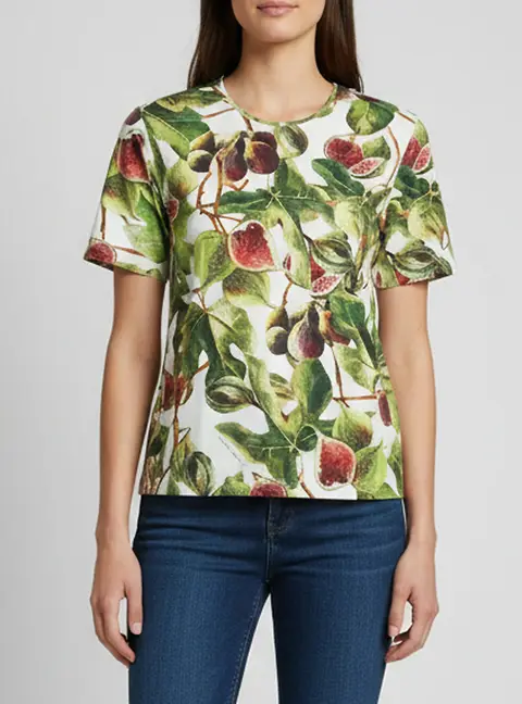 Dolce & Gabbana White/Green Fig Print Cotton Short Sleeve Top M