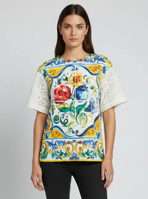 Dolce Gabbana White Majolica Print Cotton & Silk Jacquard Top S