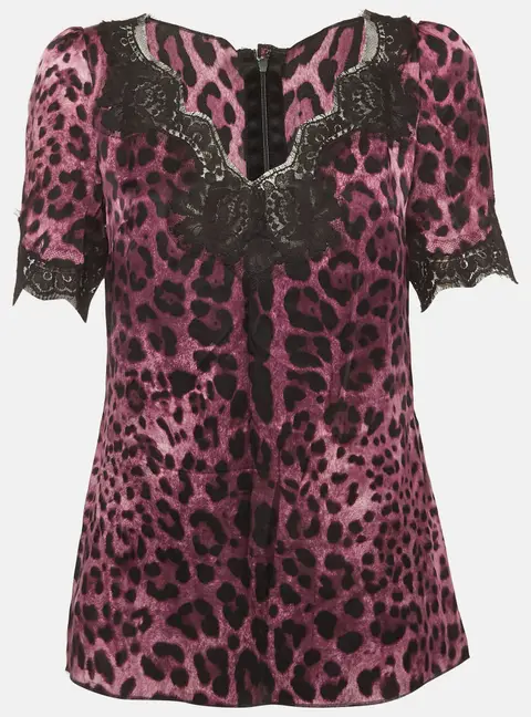 Dolce & Gabbana Purple Leopard Print Satin and Lace Trim Top S