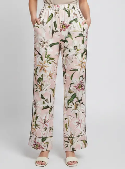 Dolce & Gabbana Pink Lily Print Satin Wide Leg Trousers S