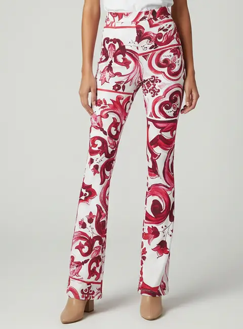 Dolce & Gabbana Pink/White Majolica Print Jersey Flared Pants S