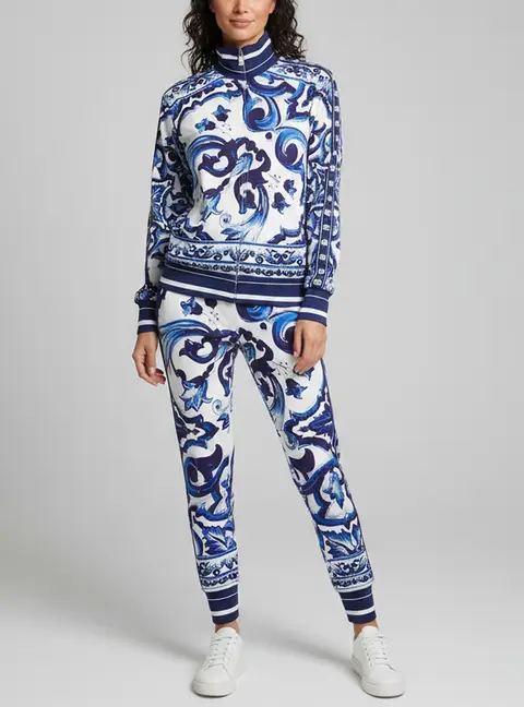 Dolce & Gabbana Blue Majolica Print Crepe Track Jacket and Pants Set XS