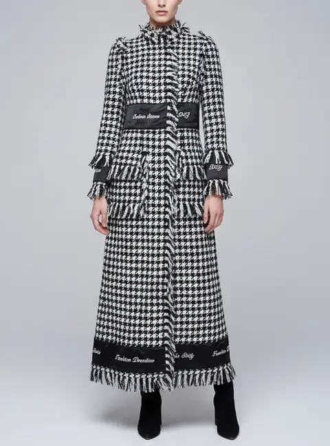 Dolce & Gabbana Monochrome Houndstooth Wool Fringed Long Coat S
