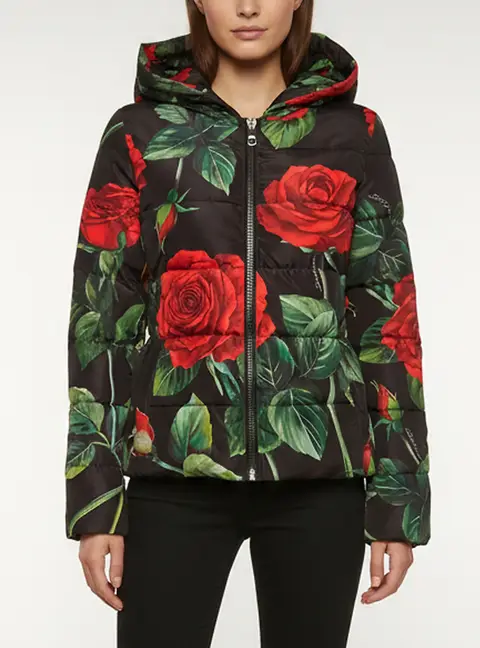 Dolce & Gabbana Black Rose Print Synthetic Down Jacket S
