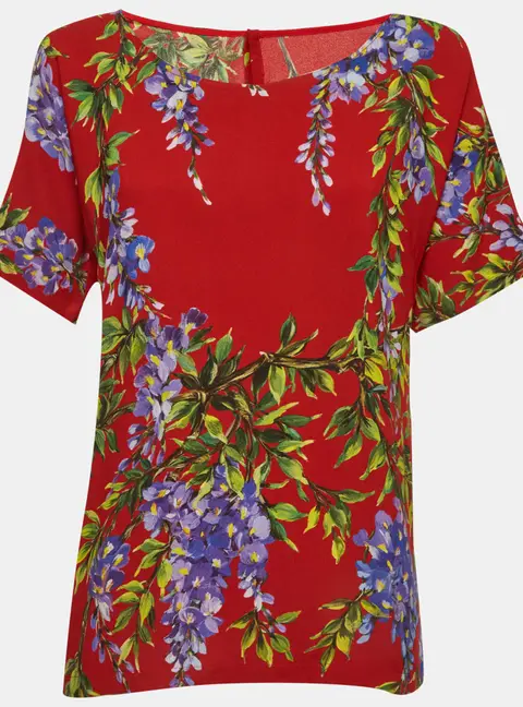 Dolce & Gabbana Red Wisteria Floral Print Crepe Short Sleeve Top S