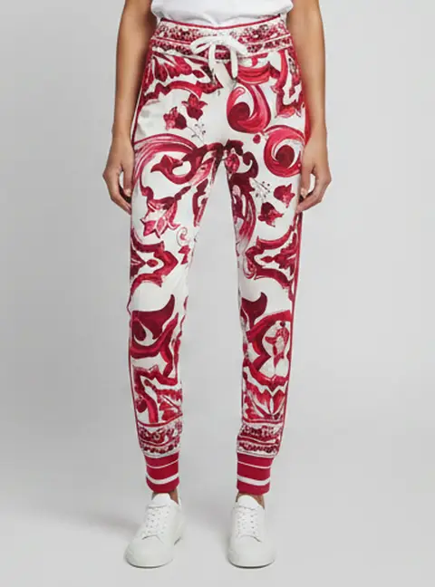 Dolce & Gabbana White/Pink Majolica Print Crepe Logo Tape Joggers XS