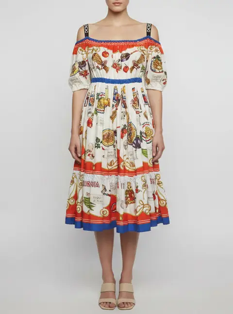 Dolce & Gabbana Multicolor Printed Cotton Off Shoulder Midi Dress XS