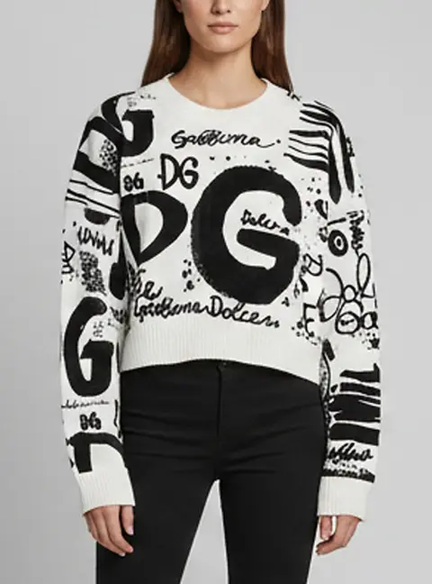 Dolce & Gabbana White/ Black Knit Long Sleeve Crewneck Sweater M
