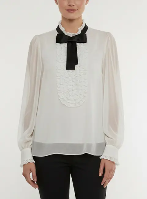 Dolce & Gabbana White Bow Embellished Silk Chiffon Blouse M