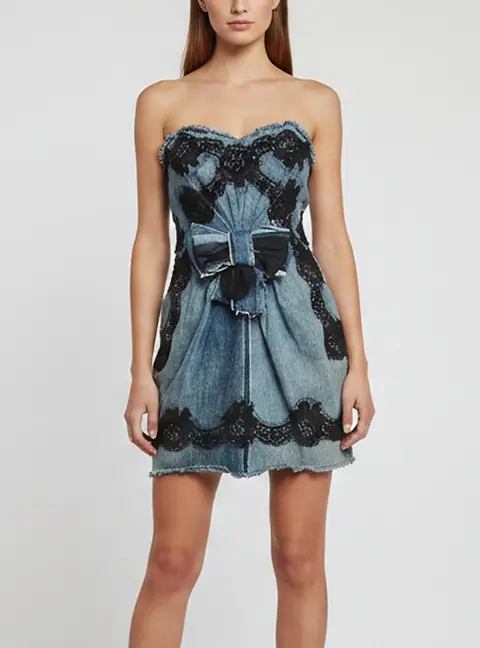 Dolce & Gabbana Blue Denim & Lace Trim Strapless Mini Dress S