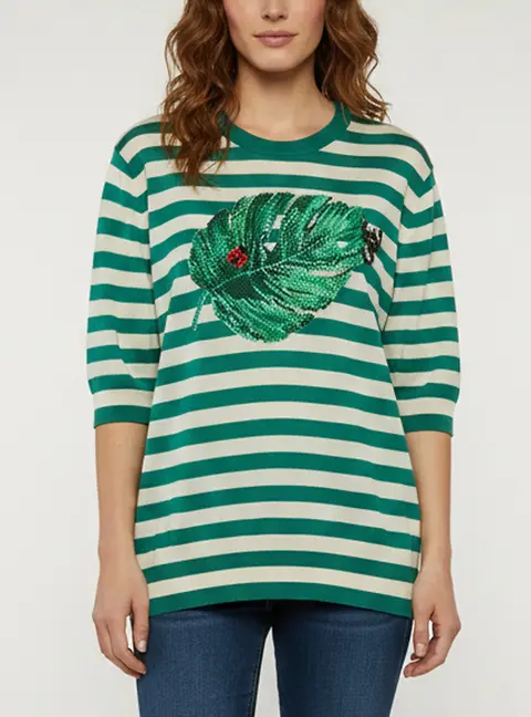 Dolce & Gabbana Green/White Striped Leaf Embroidered Knit T-Shirt M