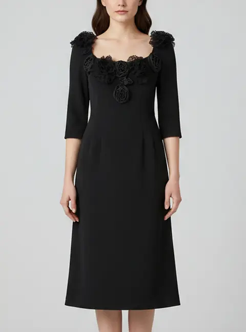 Dolce & Gabbana Black Floral Applique Crepe Scoop Neck Midi Dress M