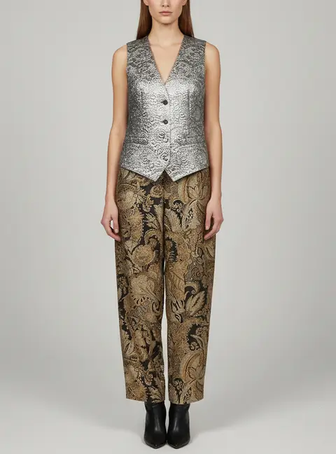 Dolce & Gabbana Silver/Gold Metallic Floral Jacquard Vest and Pants Set S/M
